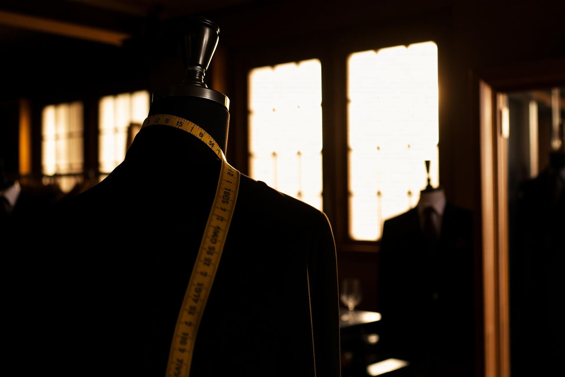 Bespoke suit jacket on a mannequin in a tailor's studio
